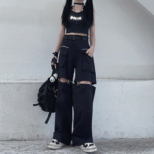 Deeptown Gothic Techwear Emo Black Cargo Pants Women Punk Oversize